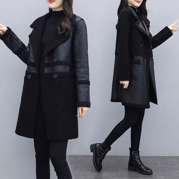 Women's fashion fur one with velvet thick suit collar wear loose plus fat plus leather coat on both sides_ecoleips.com