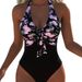 Black V Neck Slimming One Piece Swimsuit Floral Print 2026 Women's Clothing Swimwear_ecoleips.com