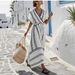 Women's Clothing V Neck Dress Striped Pattern Pleated Sleeves Full Skirt Fashion Summer Vacation_ecoleips.com