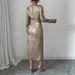 Voya Voya Autumn New Women's Gold Foil Round-neck Long-sleeve Dress With Slim Waist, Pleated Design, And Asymmetrical Slit Hem_ecoleips.com