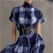 2026 Cross-Border European And American Women's Fashion Multi-Color Plaid Dress With High Collar, Slim Fit, Bell-Shaped_ecoleips.com