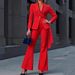 Women's Clothing Red Single Button Suit Set European And American Style Fashionable Waist Cinching Belted Flared Pants Professional Two Piece_ecoleips.com