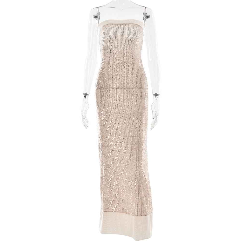 Verve Sexy Women's Evening Elegant Strapless Slim Fit Long Sequin Split Backless Dress_ecoleips.com