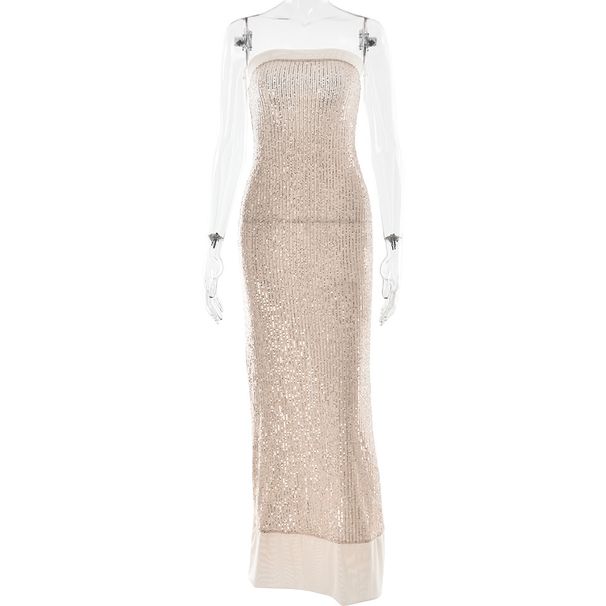 Verve Sexy Women's Evening Elegant Strapless Slim Fit Long Sequin Split Backless Dress_ecoleips.com