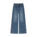 Women's Fleece-lined Wide-leg Jeans, Thickened Winter, Korean Style, High-waisted, Casual, Vintage Retro Blue, In Stock_ecoleips.com