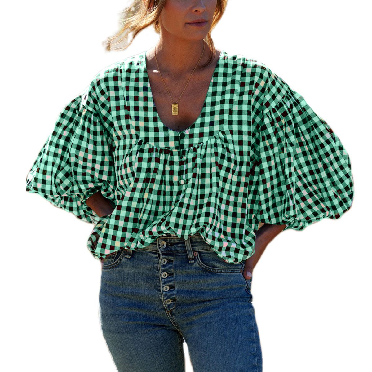 Women's New Round Neck Ruched Collar Puff Sleeve Loose Plaid Shirt Lazy Style Top_ecoleips.com