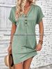 Summer Women's Clothing Fashionable Versatile Buckle V Neck Raglan Shoulder Rolled Sleeve Solid Color Dress 2026 American Style_ecoleips.com