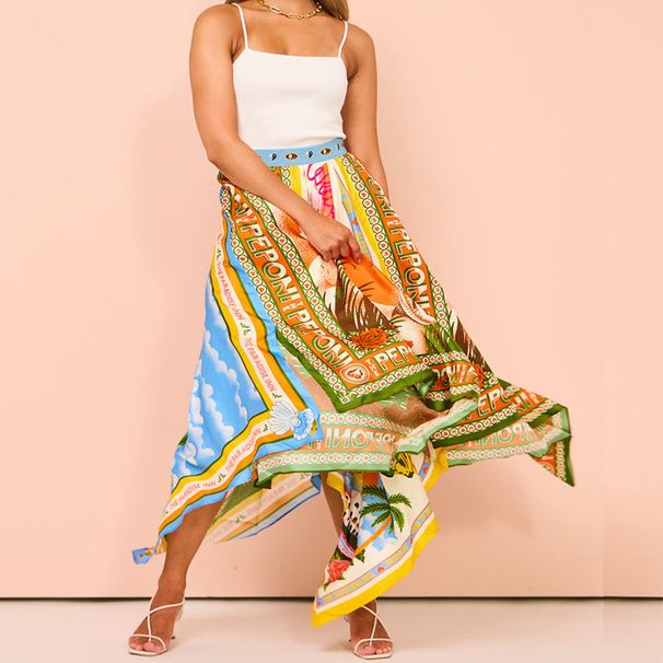 2025 Spring/Summer New Women's Long Printed Asymmetrical Hem Fashionable Elegant Waist-Cinching A-Line Skirt_ecoleips.com