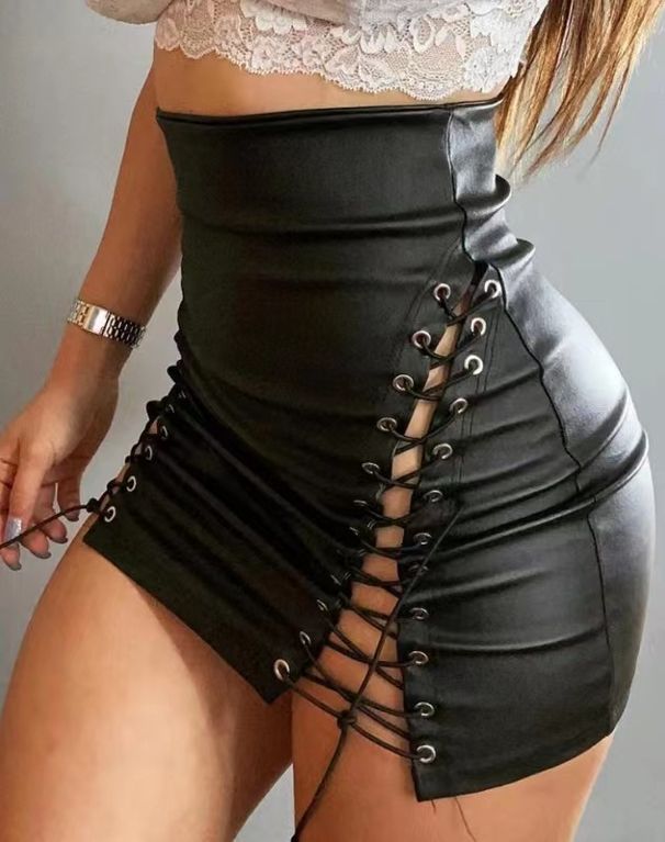 2025 New Sexy Eyelet Cross Tie High Waist PU Skirt_ecoleips.com