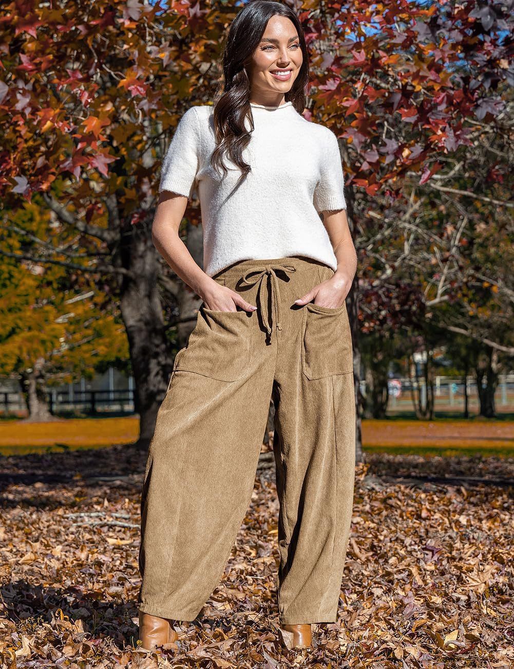 Women's Corduroy Wide-Leg Pants, High-Waisted Relaxed Fit Trousers With Pockets For Casual Fall Winter Outfits_ecoleips.com