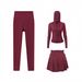 Women's Slim Fit Three Piece Set Hooded Jacket Skirt Cropped Pants Elastic Sports Running Yoga Outerwear_ecoleips.com