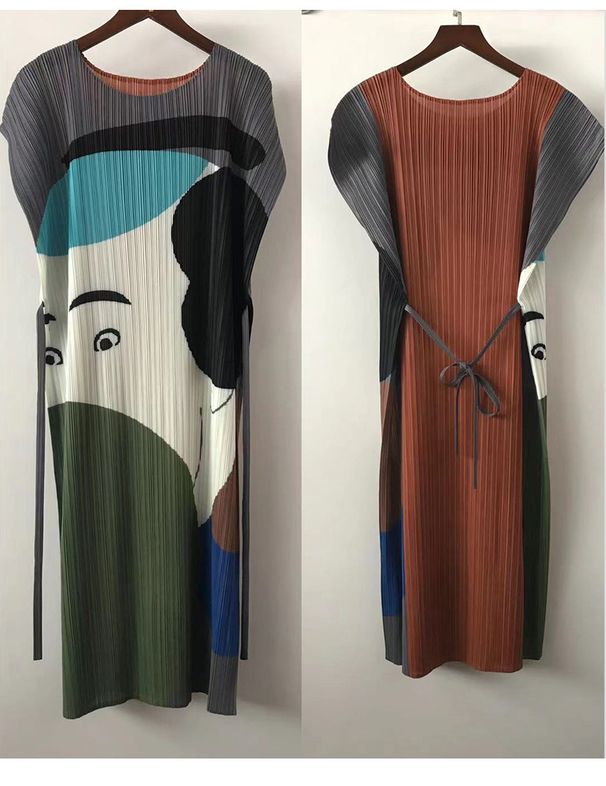 New Pleated Spring-summer European And American Printed Graffiti Character Sleeveless With Belt, High-end Women's Dress_ecoleips.com