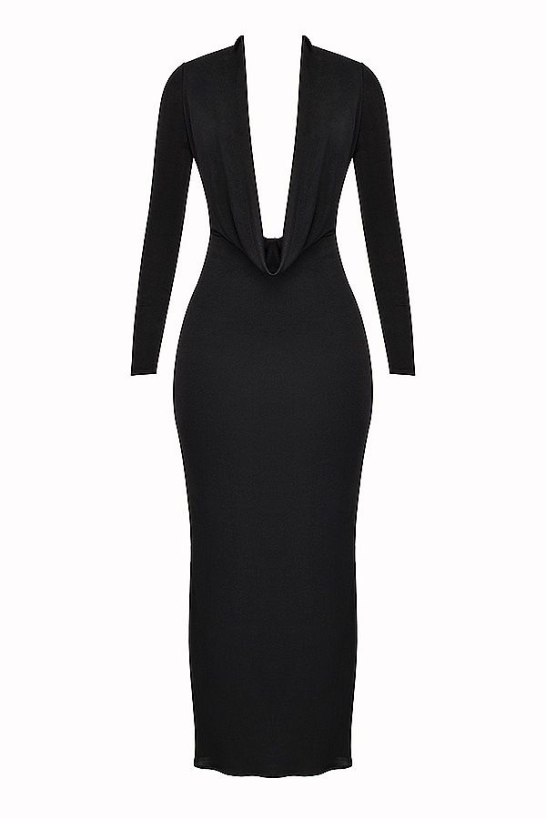 Fashionista's Choice Sexy Deep V Neck Slit Pleated Long Black Dress New Arrivals European American Cross Border Women's Clothing_ecoleips.com