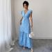 Voya Recommend! Women's Elegant And Simple Women's Embroidered Dress With Eyelets, Summer Short Sleeved Long Skirt_ecoleips.com