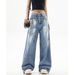 Women's Graffiti Print Denim Jeans – High Street Style, Loose Fit Straight Leg With Slight Flare_ecoleips.com