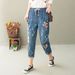 Japanese Ethnic Style Plus-size Denim Cropped Pants With Ripped Details Embroidered Floral Bird Patterns, Women's Jeans,_ecoleips.com