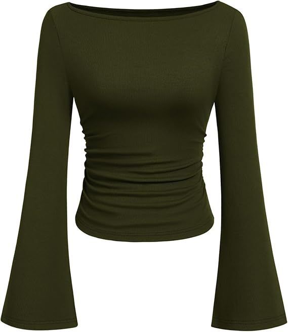 Women's Clothing Slim Fit Solid Color Boat Neck T-Shirt For Women European American Style Long Sleeve Trumpet Sleeve Pleated Slimming Top For Autumn_ecoleips.com