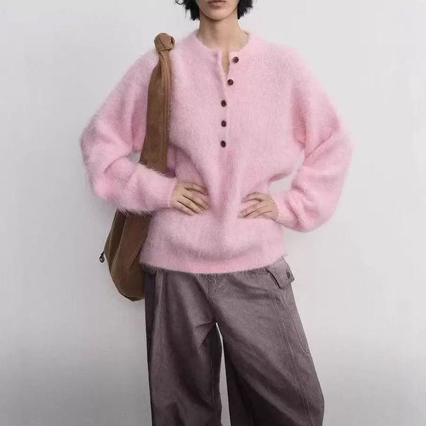 girl Hello Home Black Label Thirteen Lines High-End Henry Collar Long Sleeve Knitted Alpaca Wool Pullover Sweater For Women_ecoleips.com