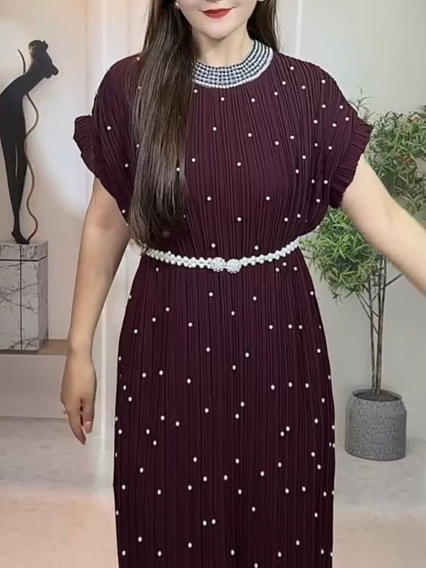 Elegant Women's Pearl-Embellished Maxi Dress Flowy Pleated A-Line Tunic With Loose Fit For Spring Summer Office To Evening_ecoleips.com