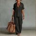 Women's 3D Textured V-Neck Tunic And Palazzo Pants Set Loose Fit Breathable Linen-Like Outfit in Black Matcha Royal Blue Camel Yellow White_ecoleips.com