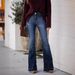 Women's Clothing Denim Dark Blue Mid Waist Flared Pants_ecoleips.com