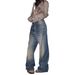 Vintage Washed Studded Baggy Jeans, Women's High Waist Loose Fit Denim Trousers, Y2K Streetwear Wide Leg Pants For Casual & Festival_ecoleips.com