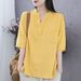 2026 Artistic Retro Summer V-Neck Cotton Linen Top Slimming Age-Reducing Temperament Short-Sleeved T-Shirt Women's Loose_ecoleips.com