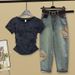 Women's Clothing Fashionable Slimming Tie Dye Top Set With Embroidered Ethnic Style Denim Trendy Suit For Women_ecoleips.com