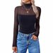Women's Clothing New Solid Color Round Neck Mesh Splicing Perspective Long Sleeved Half High Collar Sexy Top_ecoleips.com