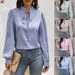 Women's Clothing Half Open Collar Tie Pullover Long Sleeved Temperament Commuter Striped Shirt_ecoleips.com