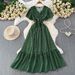Women's French Style Sophisticated Layered Ruffle Sleeve V Neck Dress Summer Slimming Sweet Long Dress Pleated Waist_ecoleips.com