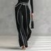 Autumn Winter Women's Elegant Two Piece Set Stand up Collar Contrast Color Hem Slimming Long Sleeve Knit Wide Leg Pants_ecoleips.com