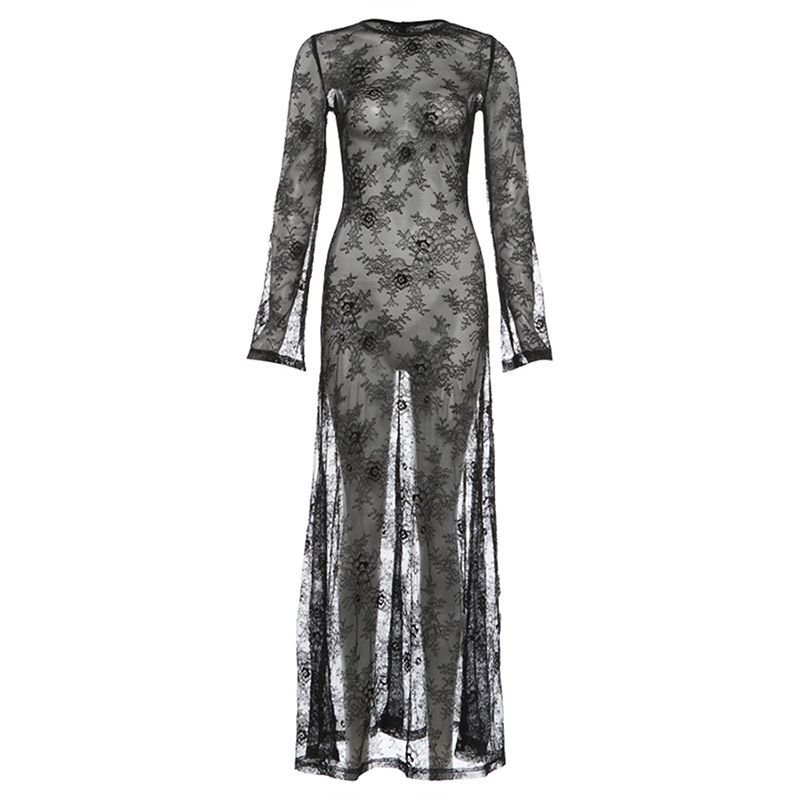 Women's Long Sleeve Lace Dress See Through Slim Fit Backless Round Neck Summer New Sexy_ecoleips.com