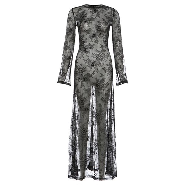 Women's Long Sleeve Lace Dress See Through Slim Fit Backless Round Neck Summer New Sexy_ecoleips.com