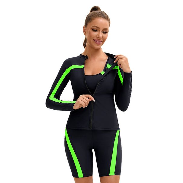 Women's Clothing Conservative Long Sleeved Split Swimsuit High Waist Shorts Boxer Diving Suit Three Piece Swimsuit_ecoleips.com