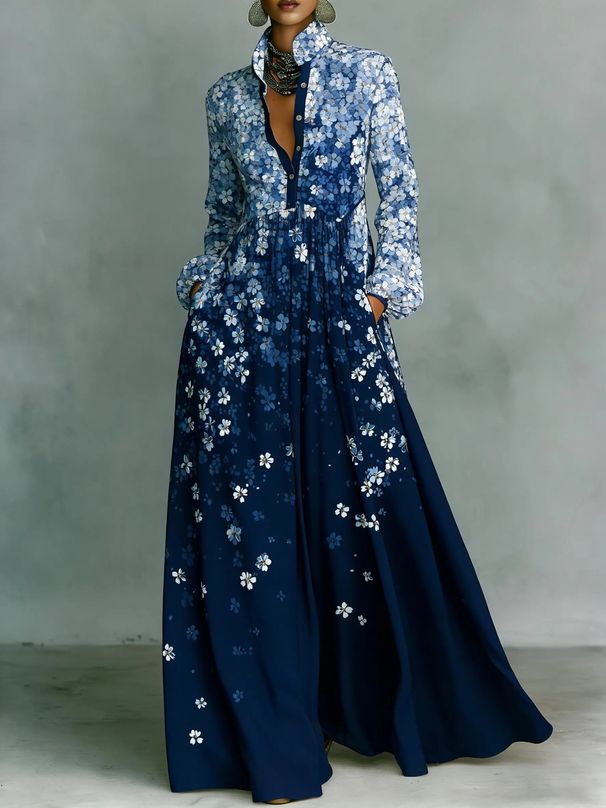 Elegant Retro Casual Long Sleeved Printed Dress Slim Fitting Women's Vacation Clothing_ecoleips.com