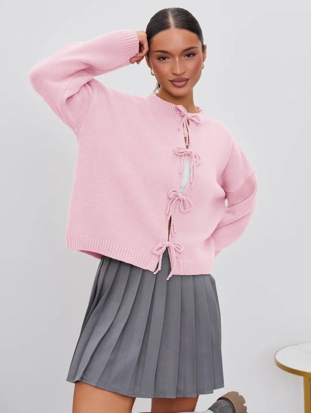 Women's Lace-Up Knit Cardigan - Casual Loose Fit Solid Color Sweater For Autumn & Winter_ecoleips.com