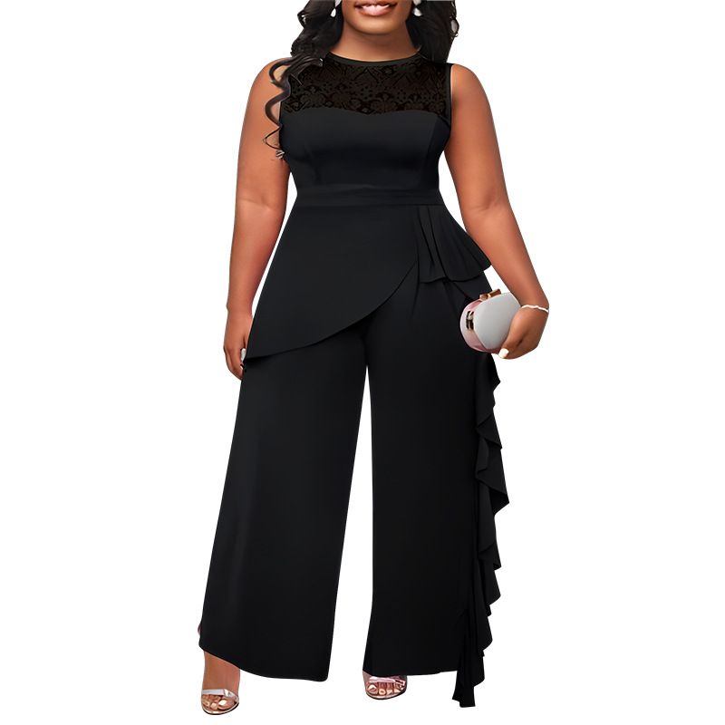 Women's Clothing Plus Size Elegant Solid Color Jumpsuit Lace Trim Casual Commuter Style Loose Straight Leg Polyester_ecoleips.com