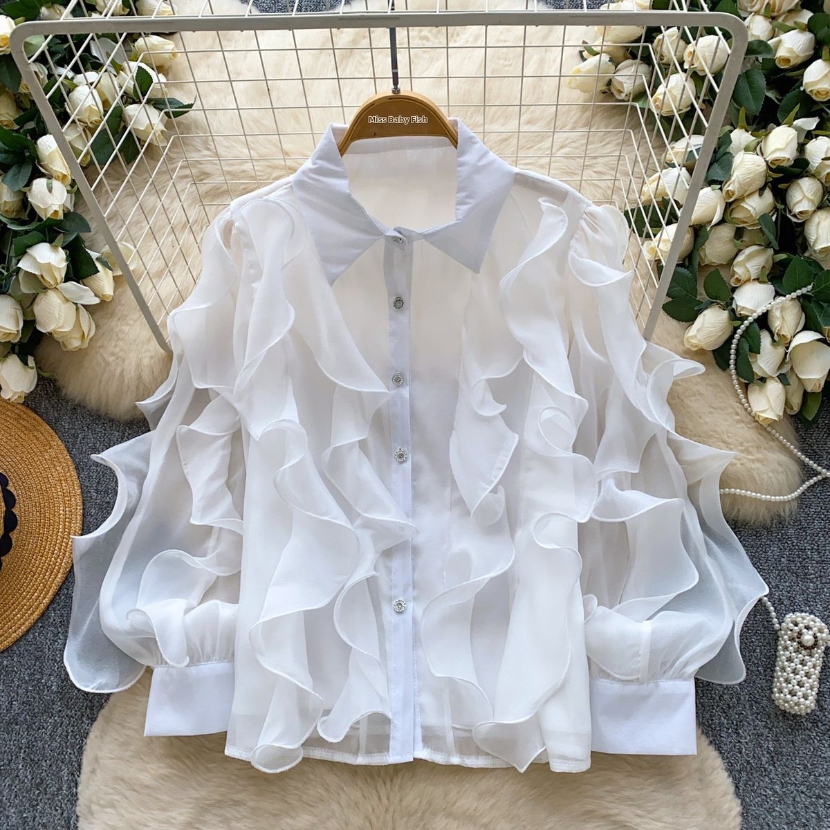 French Romantic Ruffle Blouse Oversized Loose Fit Long Sleeve Top with Floral Lace Trim Spring Shirt in Pink Blue White Beige Black One Size_ecoleips.com