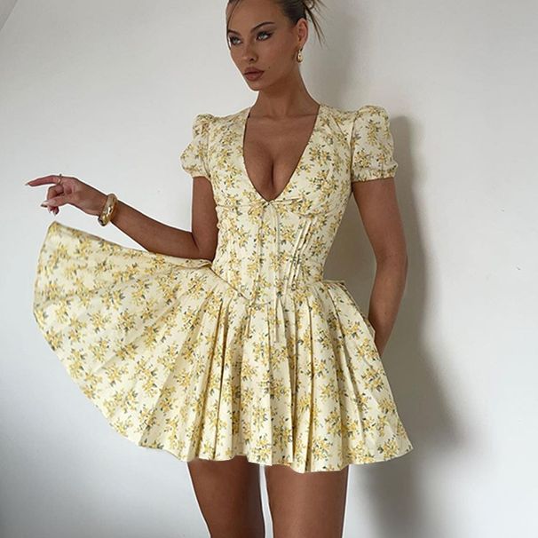 Floral Puff Sleeve Deep V Dress Sexy Retro Fashion Summer Dress for Women Elegant Resort Style Wholesale_ecoleips.com