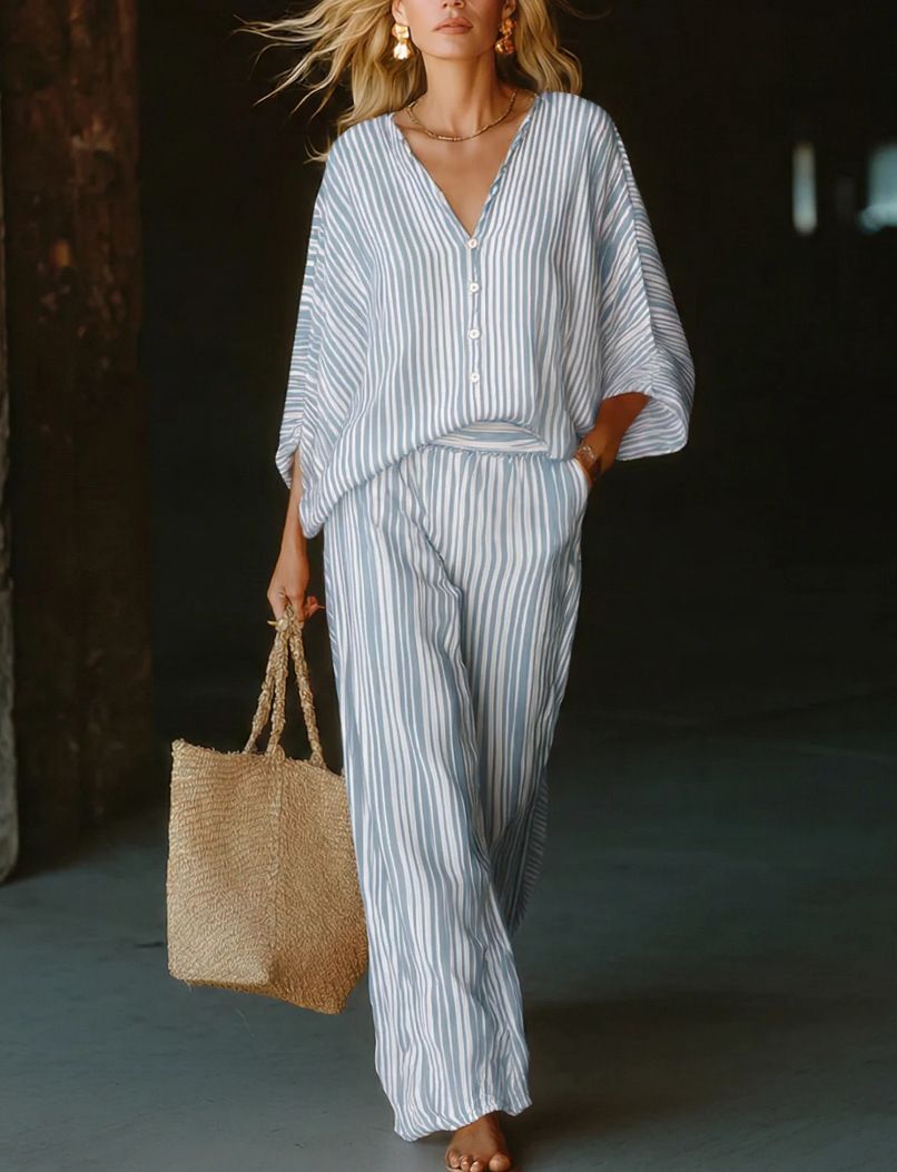 Summer Women's Mid Sleeve Round Neck Top Print Striped Color Block Casual Straight Suit_ecoleips.com
