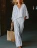 Summer Women's Mid Sleeve Round Neck Top Print Striped Color Block Casual Straight Suit_ecoleips.com