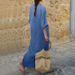 Women's Clothing Women's V Neck Cotton Linen Dress Casual Loose Fit Round Neck Large Pockets For Formal & Casual For Women_ecoleips.com