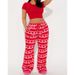 Women Heart Print Plush Pajama Pants Fuzzy Wide Leg Drawstring Loungewear Bottoms Y2k Flannel Valentines Pj Trousers_ecoleips.com