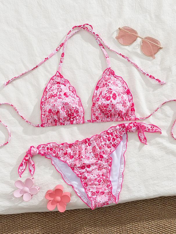 2026 Cute Floral Print Two Piece Bikini Set Hot Selling Sexy Girl Tie up Swimsuit for Spa Three Piece Women's Clothing_ecoleips.com