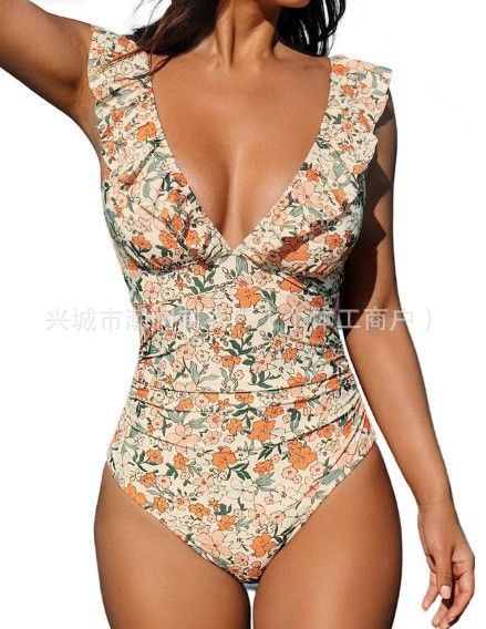 European And American Foreign Trade Hot-Selling Women's One-Piece V-Neck Ruffled Tie Swimsuit_ecoleips.com