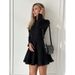 Little Black Dress Women's Design Sense Lace Patchwork French Dress Autumn Crew Neck Waist A-Line Skirt_ecoleips.com
