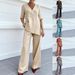 Women's Casual Cotton Linen Top And Straight Leg Trousers Set Solid Color V Neck Mid Sleeve Autumn Wear_ecoleips.com