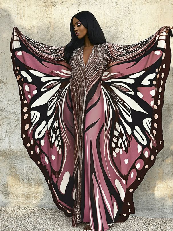 Southeast Asian 3D Digital Printed Bat Sleeves Dress With Elegant Style_ecoleips.com