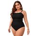Solid Color plus Size Swimsuit with Tummy Control One-Piece Supportive Bathing Suit for Curvy Women Full Coverage_ecoleips.com